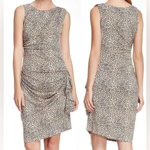Betsey Johnson Dress Size 12 Leopard Print Matte Stretch Jersey Ruched Ruffle